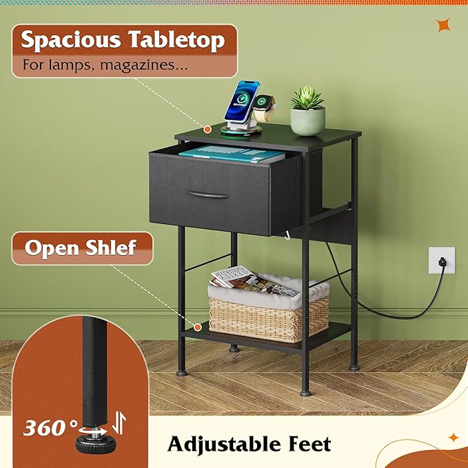 WLIVE Night Stand with Charger Station, Small Nightstand with 1 Fabric Drawer - Image 5