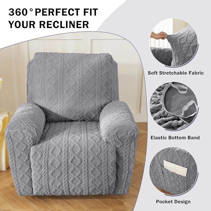 vctops 4 Pieces Geometric Jacquard Plush Recliner Slipcovers Soft Fuzzy Fluffy - Image 4