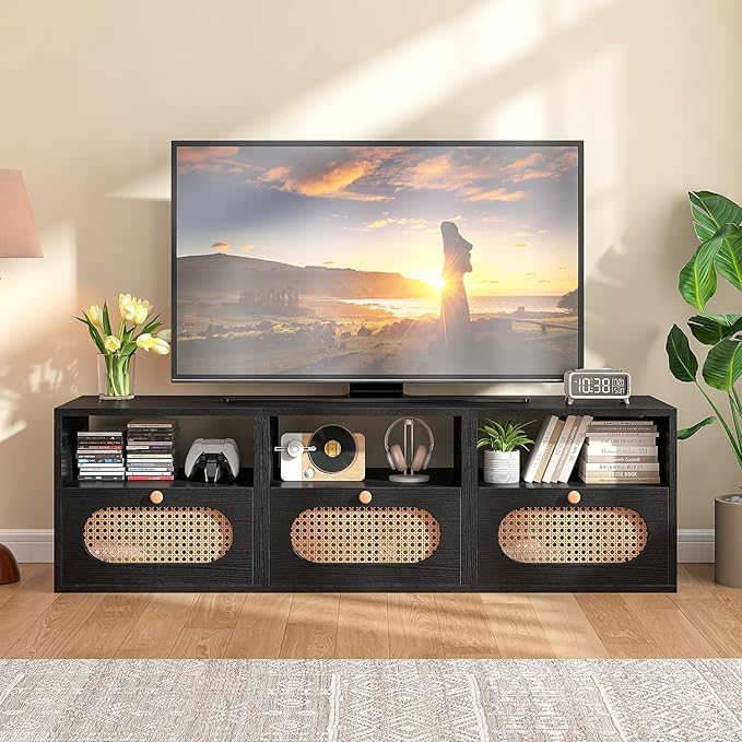 3-in-1 Modular TV Stand with Rattan Doors, DIY Media Console Boho Entertainment by Furninova