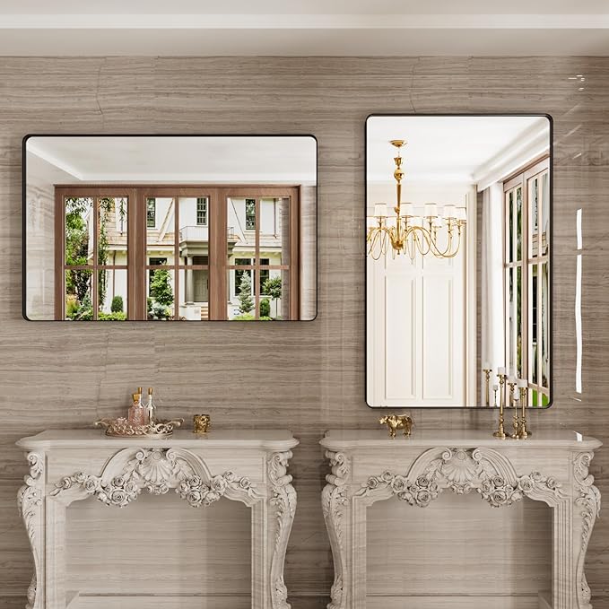 Black Bathroom Mirror 48X30 Inch, Rounded Rectangle Matte Bathroom Vanity Mirror - Image 6