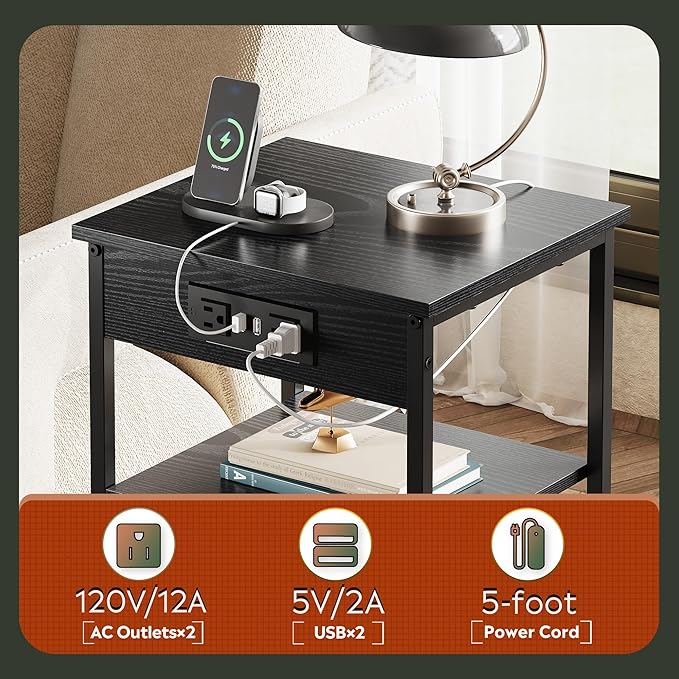 WLIVE Black End Table with Charging Station, Slim Night Stand with 3 Storage - Image 5