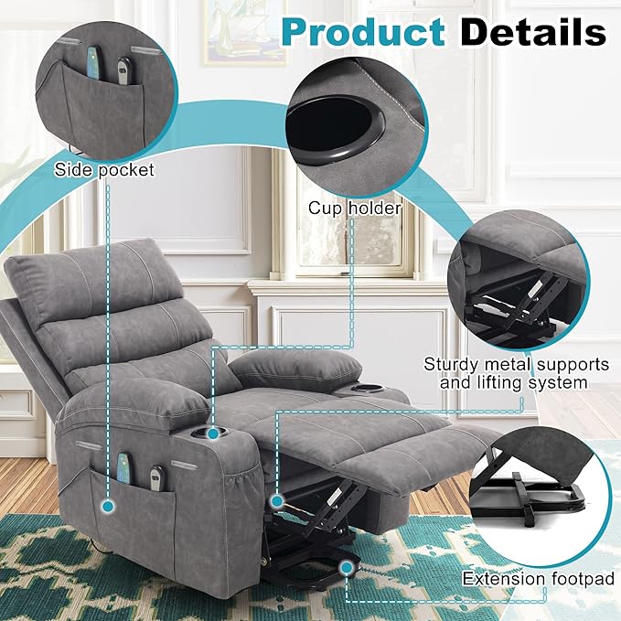 Recliner Chair Power Lift Massage Chair Full Body 21" Large Size Electric - Image 5