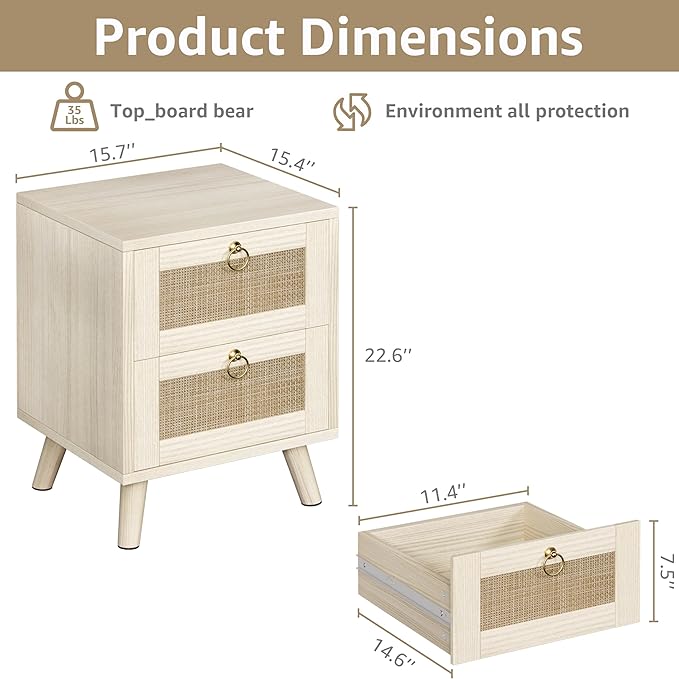 BOLUO Wooden Night Stand with 2 Drawer, Rattan Small Nightstand Boho Bedside - Image 2
