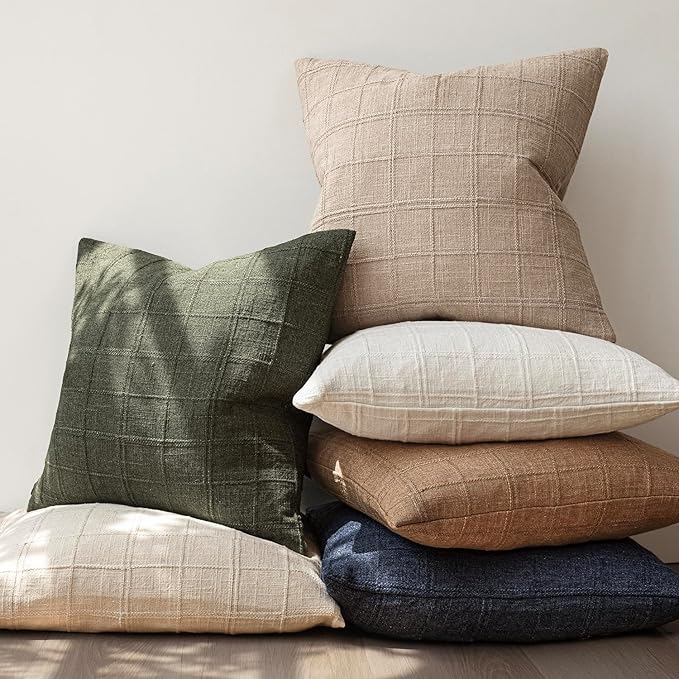Foindtower Set of 2 Decorative Linen Check Throw Pillow Covers Neutral - Image 7