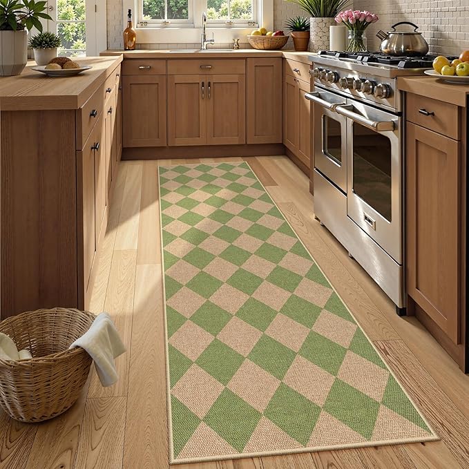Lahome Checkered Green Runner Rug, 2x8 Carpet Runners by Lahome