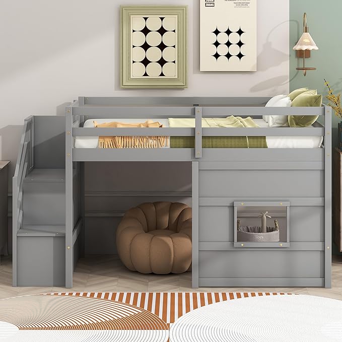 Twin Size Loft Bed with Storage Staircase and Window, Wood Twin Loft Bunk - Image 3