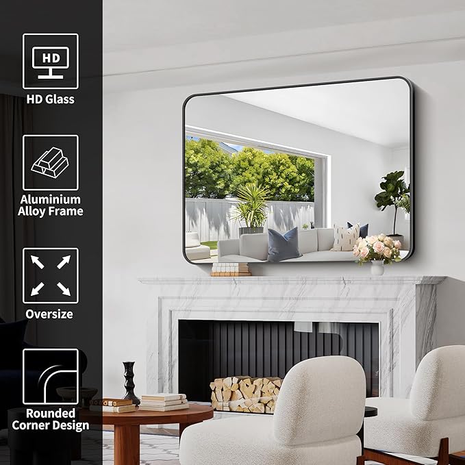 Bathroom Mirror, 48x36 inch Black Rectangle Wall Mirror, Metal Frame Rounded - Image 4