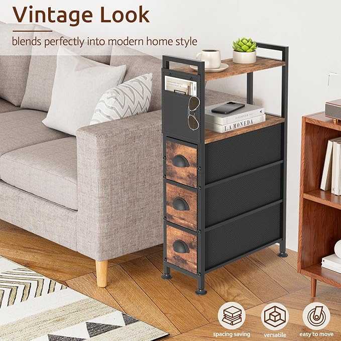 3 Drawer Narrow Dresser Side End Table Small Spaces, Slim Nightstand Bedside - Image 7