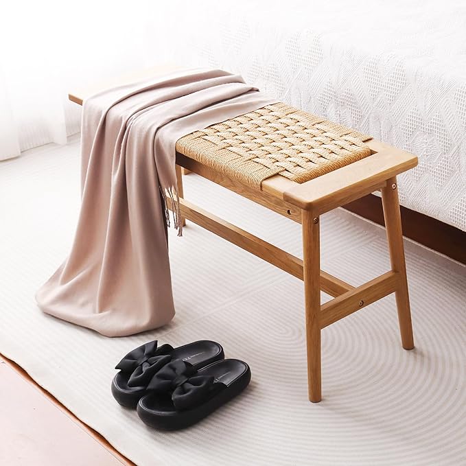 33.5" L Wood Dining Bench Indoor, 100% Natural Solid Oak Bed Bench Hand Woven - Image 2