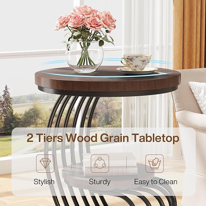 Tribesigns Round End Side Table: 2 Tiers Side Table Set of 2, Vintage End Table - Image 6