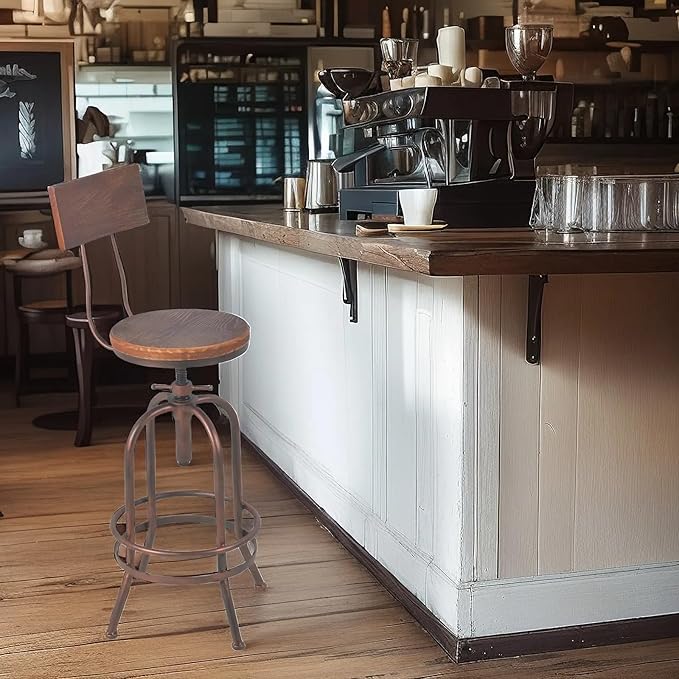 Set of 2-Industrial Bar Stools-Swivel Wooden Seat-Bar Counter Height Adjustable - Image 8