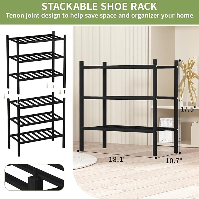 3-Tier Bamboo Small Shoe Rack, Free Standing Wood Shoe Shelf Storage Organizer - Image 3