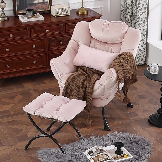 Lazy Chair with Ottoman, Modern Accent Chair with Lumbar Pillow, Comfy Chairs - Image 4