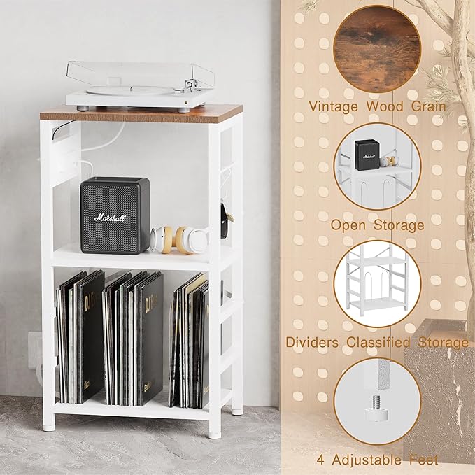 End Table with LED Light, Record Player Stand with Charging Station, Vinyl - Image 8