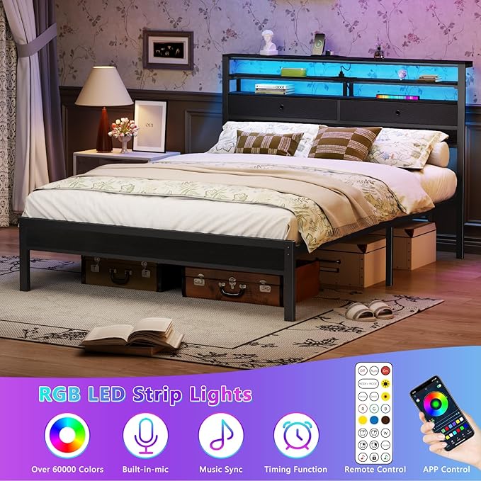 Furnulem Queen Bed Frame with Headboard & 2 Fabric Drawers, Bed Frame Queen - Image 4