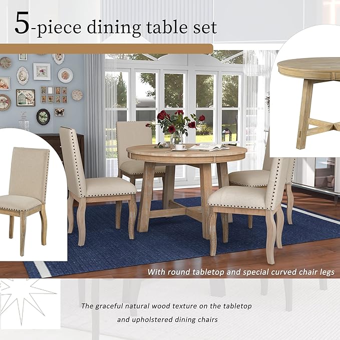 Merax 5-Piece Farmhouse Dining Furniture Set, Wooden Round Extendable Table - Image 5