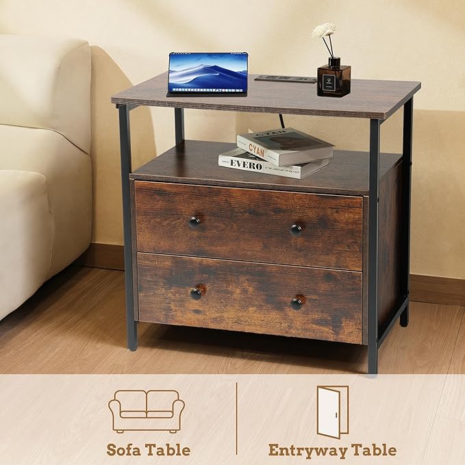 27 inch Wide Nightstand with Charging Station, Bedside Table with Open Shelf - Image 8