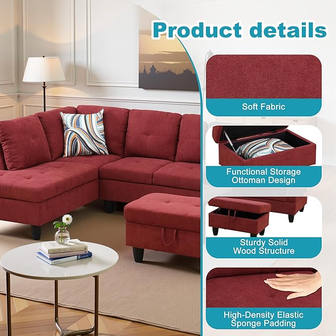 L Shaped Couch Modern Sectional Couch Upholstered Fluffy Fabric 3 Pieces Sofas - Image 5