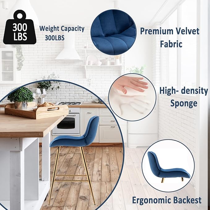 Sidanli Blue Bar Stools Set of 2, 24 Inch Velvet Counter Height Bar Stools - Image 5