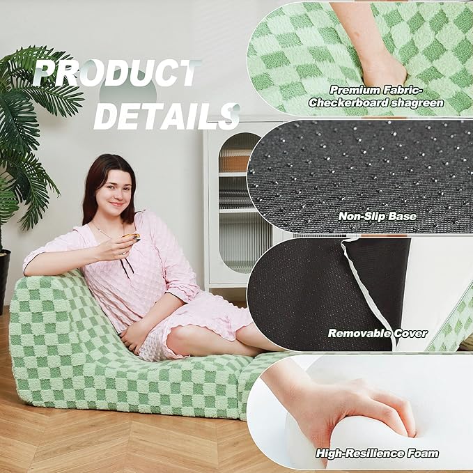 Bean Bag Chair with Checkerboard Shaker Fleece Fabric, Folding Sofa Bed - Image 5