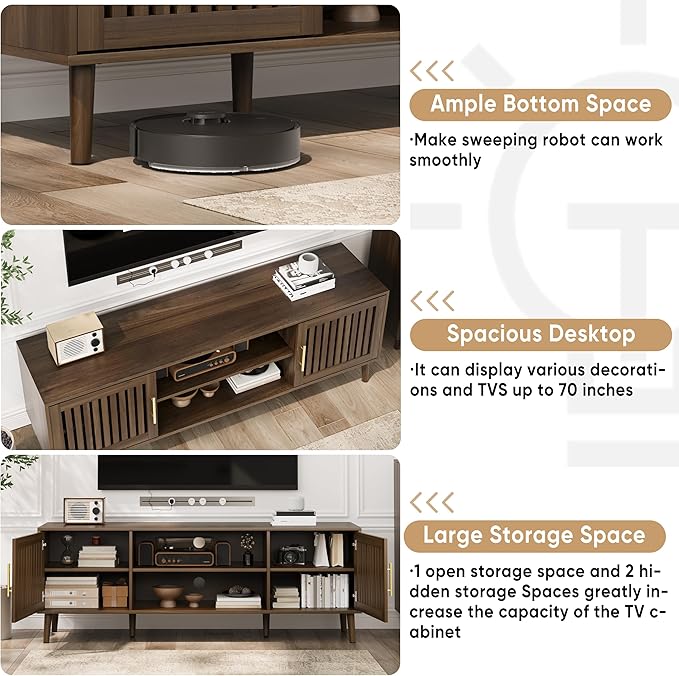 Smuxee Walnut TV Stand with Grille Striped Design, 62.99" Mid Century Modern TV - Image 5