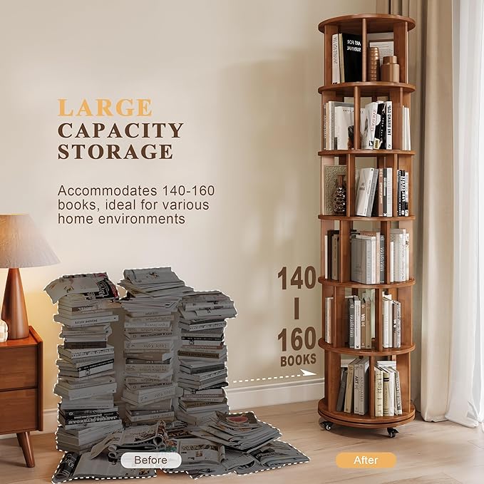 6 Tier Bookshelf Tower, 360° Solid Wood Spinning Bookcase - Image 3