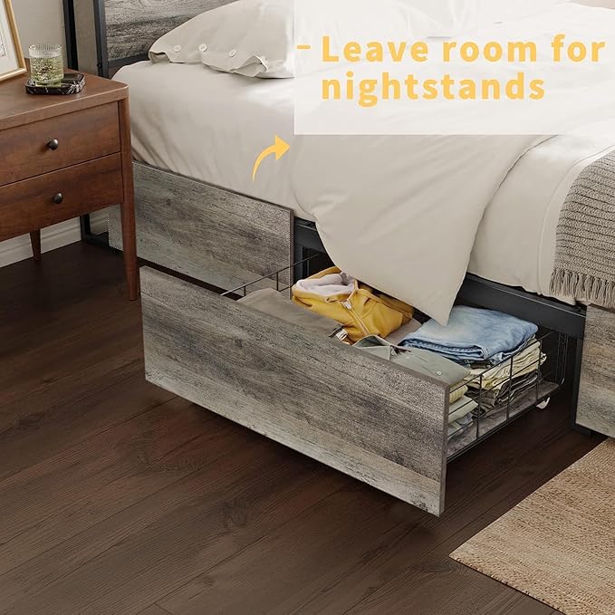 Queen Size Bed Frame with Storage Headboard and 4 Drawers LED Lighting Sturdy - Image 8