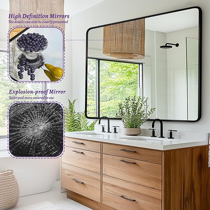Bathroom Mirror, Rectangular Aluminum Alloy Frame Contemporary Hanging Mirror - Image 5
