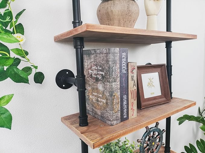 Industrial Ladder Pipe Shelves, Wall Mounted Rustic Bookshelf, Retro Metal Wood - Image 11