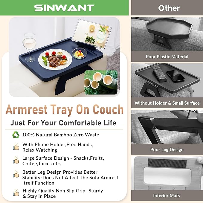SINWANT Couch Armrest Table, Bamboo Couch Arm Table 360° Phone Holder, Foldable - Image 5