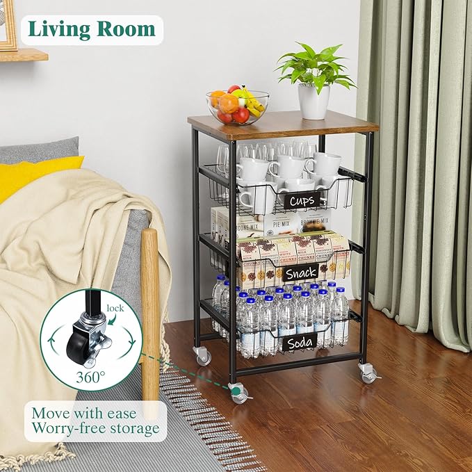 4-Tier Vegetable Fruit Basket Kitchen Storage Rolling Cart on Wheels - Image 5