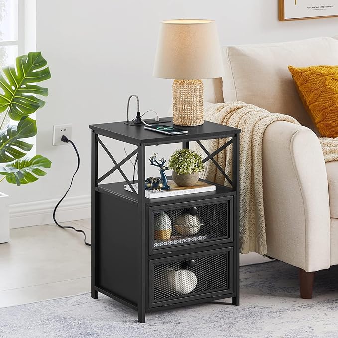 VECELO Black End Table with USB Ports and Outlets, 24 Inch Nightstands with - Image 3