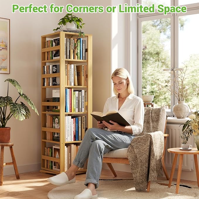 Homykic Rotating Bookshelf, Bamboo 360 Display Spinning Bookshelf Tower - Image 4
