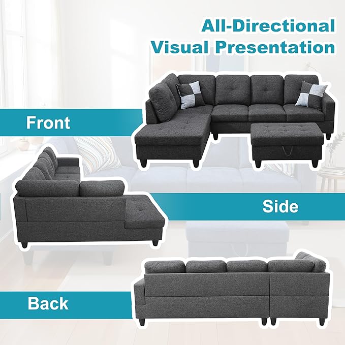 L Shaped Couch Modern Sectional Couch Upholstered Flannel Fabric 3 Pieces Sofas - Image 6