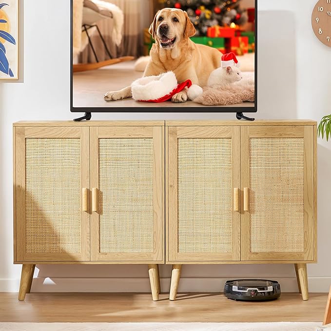 Iwell Storage Cabinet with 2 Shelves, Rattan Cabinet with 2 Doors, Sideboard - Image 6