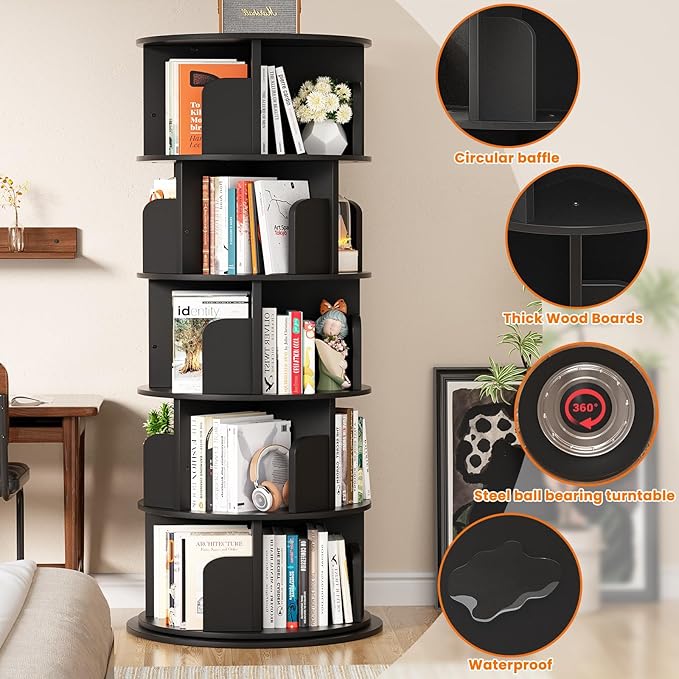 Rotating Bookshelf Tower, 5 Tier Spinning Bookcase, Revolving 360 Book Shelf - Image 7