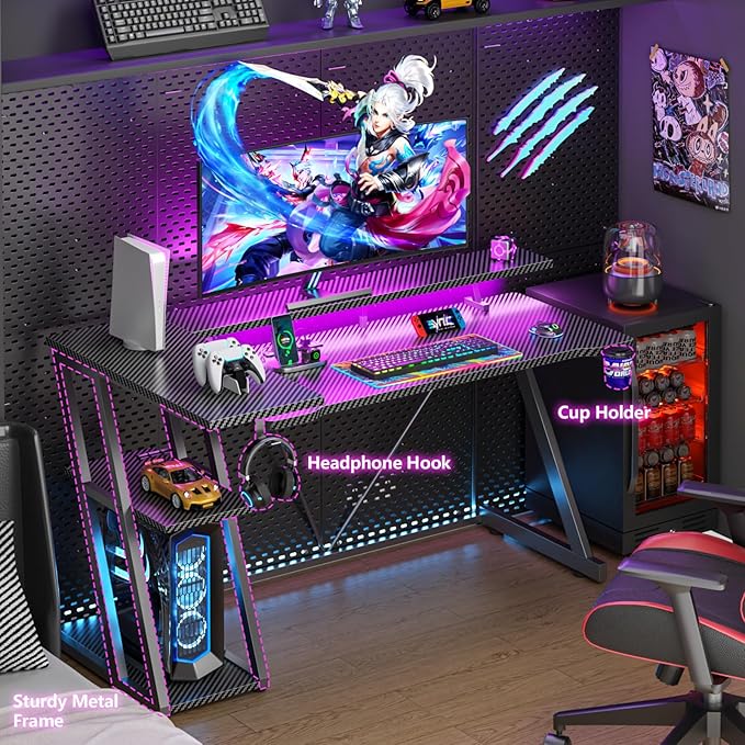 55 Inch Gaming Desk with Power Outlet & LED Lights, L Shaped Gamer Computer - Image 6