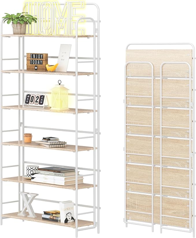 4NM No Assembly Folding Bookshelf 6 Tiers Vintage Industrial White Book Shelf by 4NM
