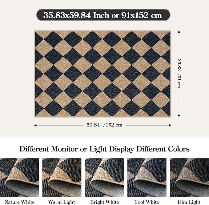 Lahome Checkered Easy Jute 3x5 Outdoor Patio Rug, Washable Rugs - Image 2
