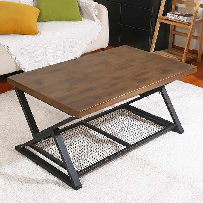 EASYSOUL Coffee Table with Storage Shelf, Solid Wood Top with Black Metal - Image 5
