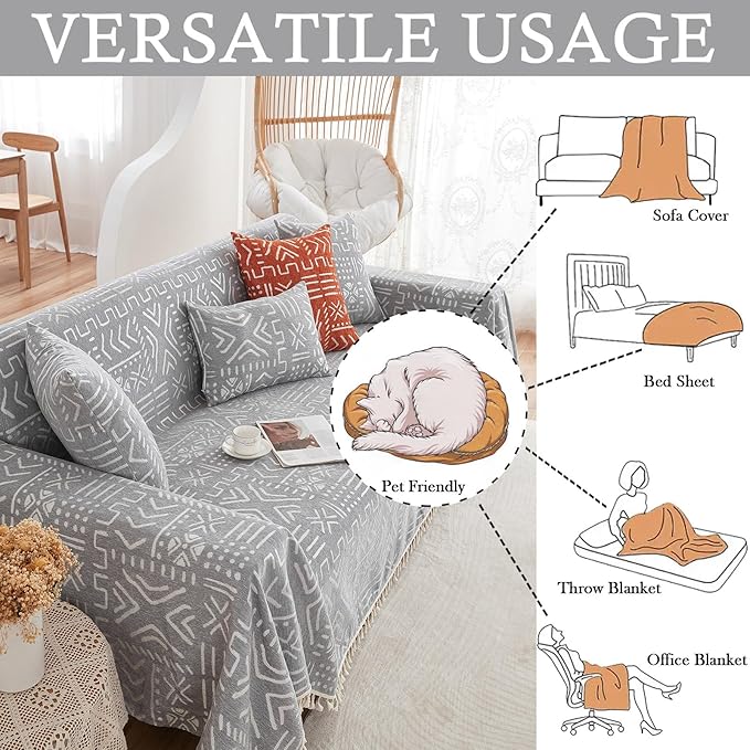 HANDONTIME Bohemian Grey and White Couch Cover - Image 5