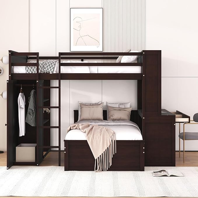 Full Size Loft Bed with Wardrobe Desk and Shelves, Solid Wood Bunk Stand-Alone - Image 3