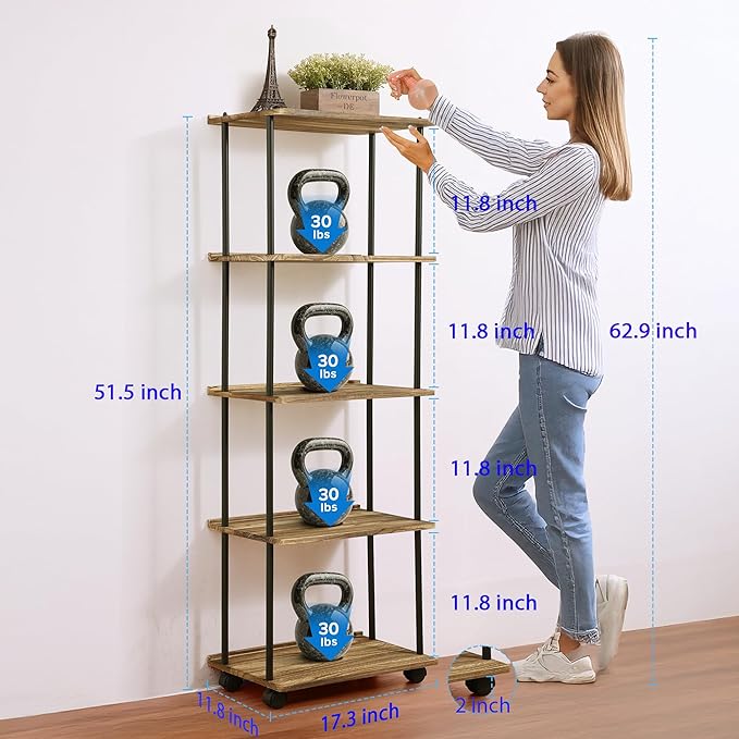 GETALL Tall Bookshelf with Wheels, 5 Tier Solid Wood Bookcase - Image 3