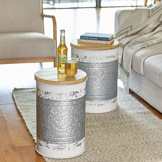 Glitzhome Farmhouse Accent Side Table, Metal Storage Stool Ottoman - Image 9