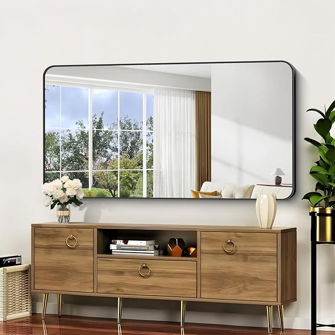 Bathroom Mirror, 30x60 inch Black Rectangle Wall Mirror, Metal Frame Rounded - Image 3