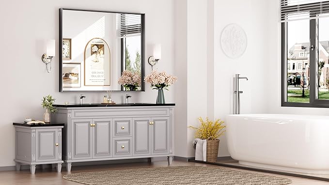 Keonjinn Black Framed Mirror 42 x 36 Inch Bathroom Vanity Mirror - Image 2