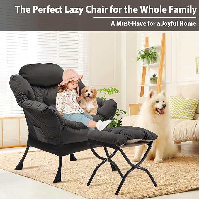 Lazy Chair with Folding Ottoman, Accent Chair Velvet Upholstered with Metal - Image 4