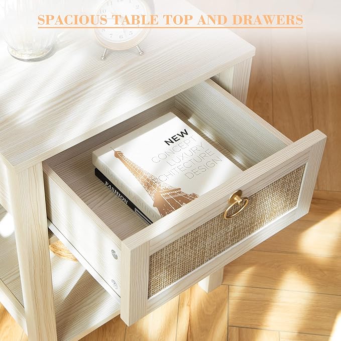 SICOTAS White Nightstand Set of 2, Rattan Decor Drawer - Image 5