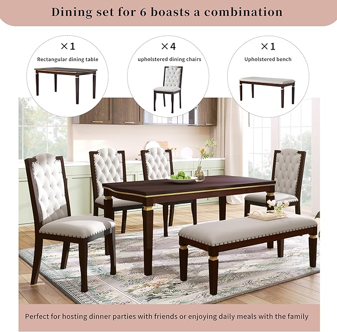 Merax 6-Piece Kitchen Dining Table Set, 62.7" Rectangular - Image 5
