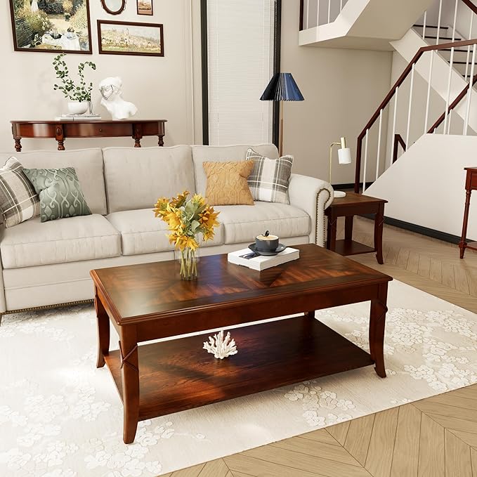 Solid Wood Coffee Table with Storage Shelf, Rectangle Coffee Table by MIAUWUUFHOME